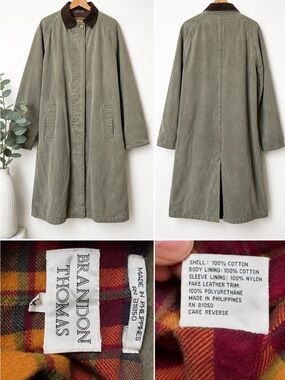 Brandon Thomas Olive Green Barn Coat Trench Jacket Plaid Lined Brown Collar